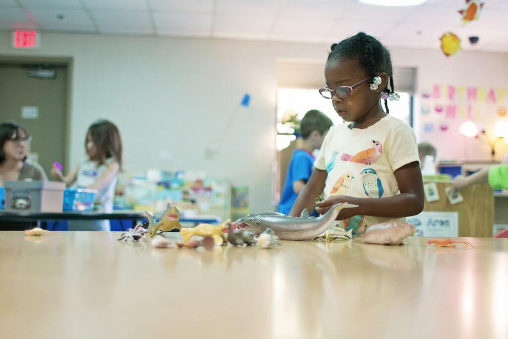 A child is sorting sea creatures independently at a table. Several other children and a teacher are seen in the background.