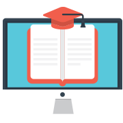 Graphic of a computer with a book wearing a graduation cap