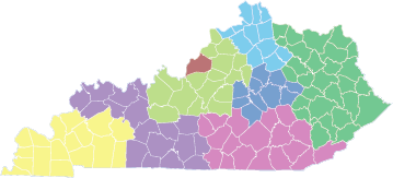 State of Kentucky with all regions shaded to show each region in a different color.