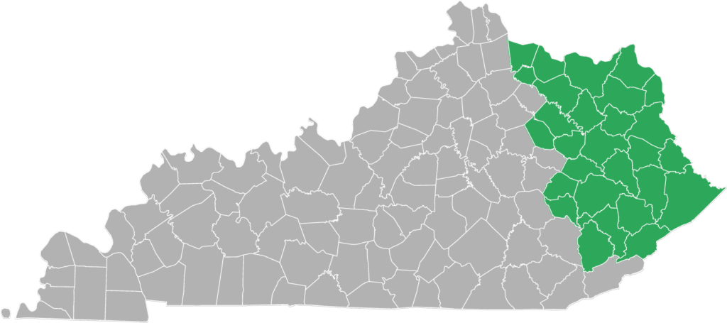The state of Kentucky with all the counties that Eastern Mountain region serves shaded in green
