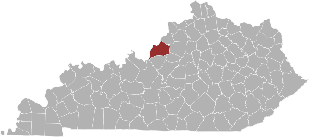 The state of Kentucky with all the counties that Jefferson region serves shaded in red.