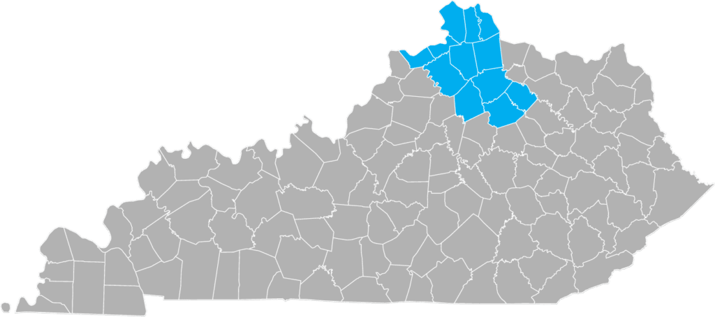 The state of Kentucky with all the counties that Northern Bluegrass region serves shaded in light blue.