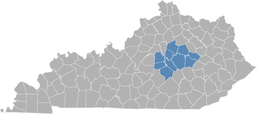 The state of Kentucky with all the counties that Southern Bluegrass region serves shaded in dark blue.