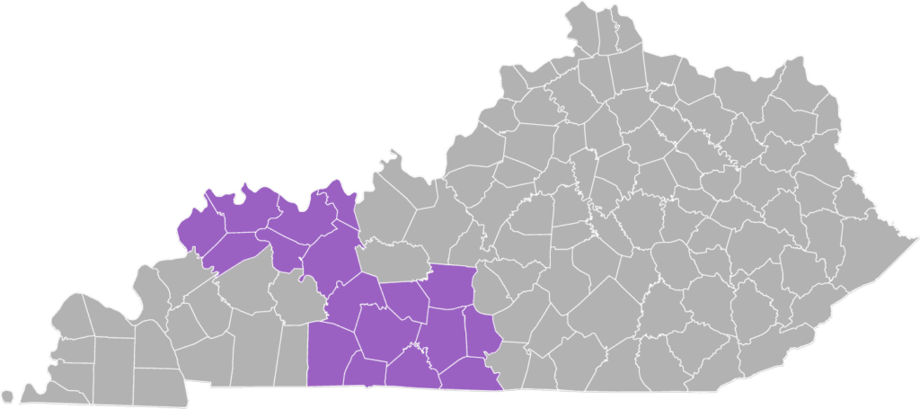 The state of Kentucky with all the counties that Two Rivers region serves shaded in purple.