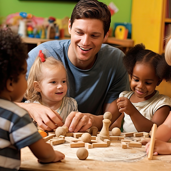 A teacher joyfully interacts with children in a classroom