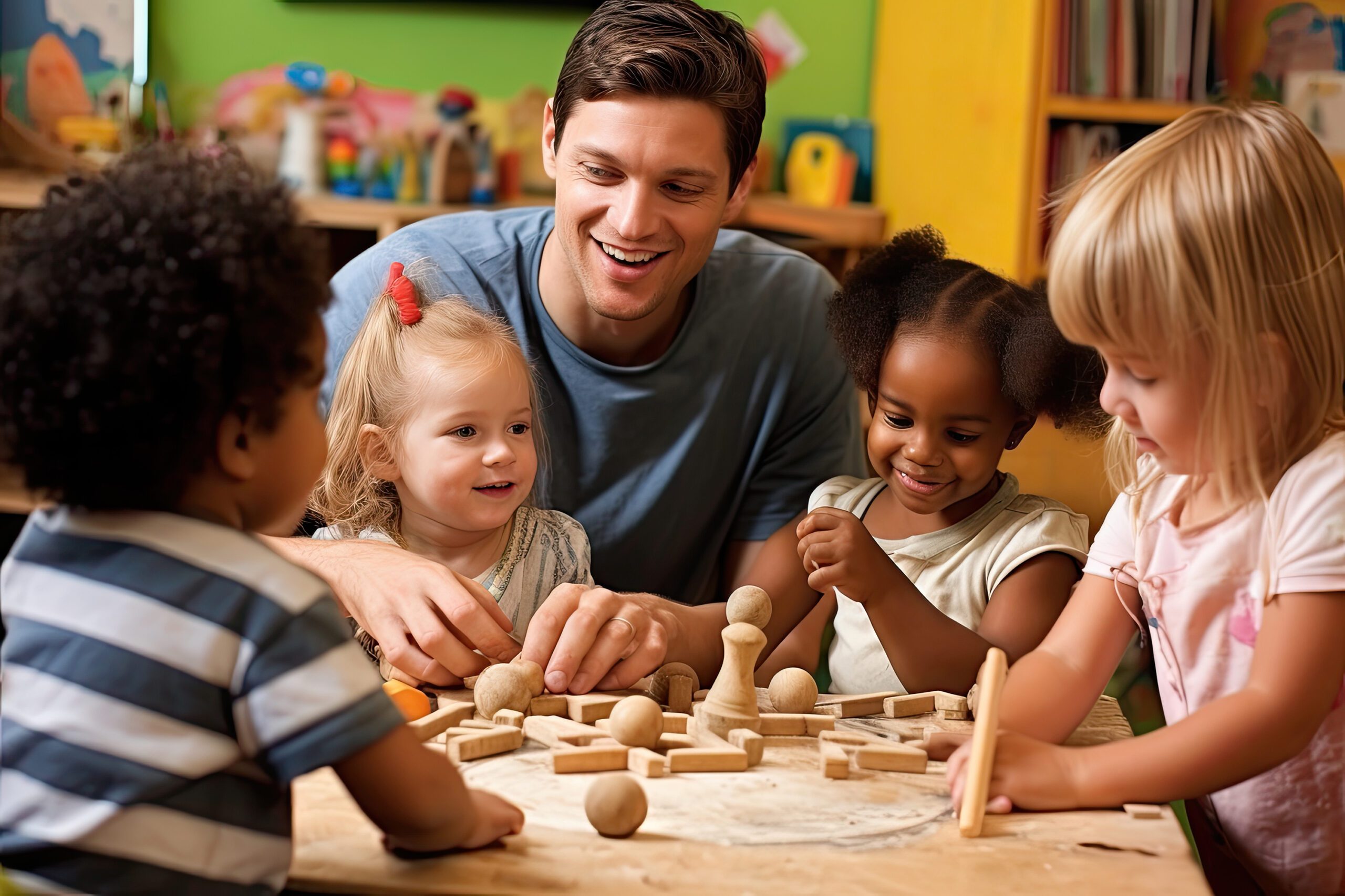 A teacher joyfully interacts with children in a classroom