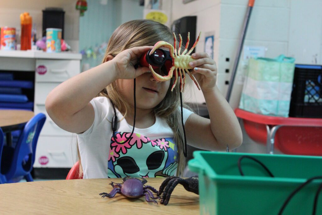 Preschool aged child looking at a realistic plastic animal through binoculars.