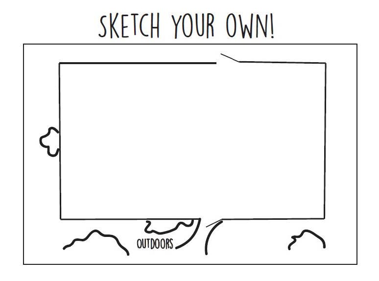 Sketch your own!  Line drawing of a simple classroom outline.  Doorways are marked but the drawing is blank otherwise.