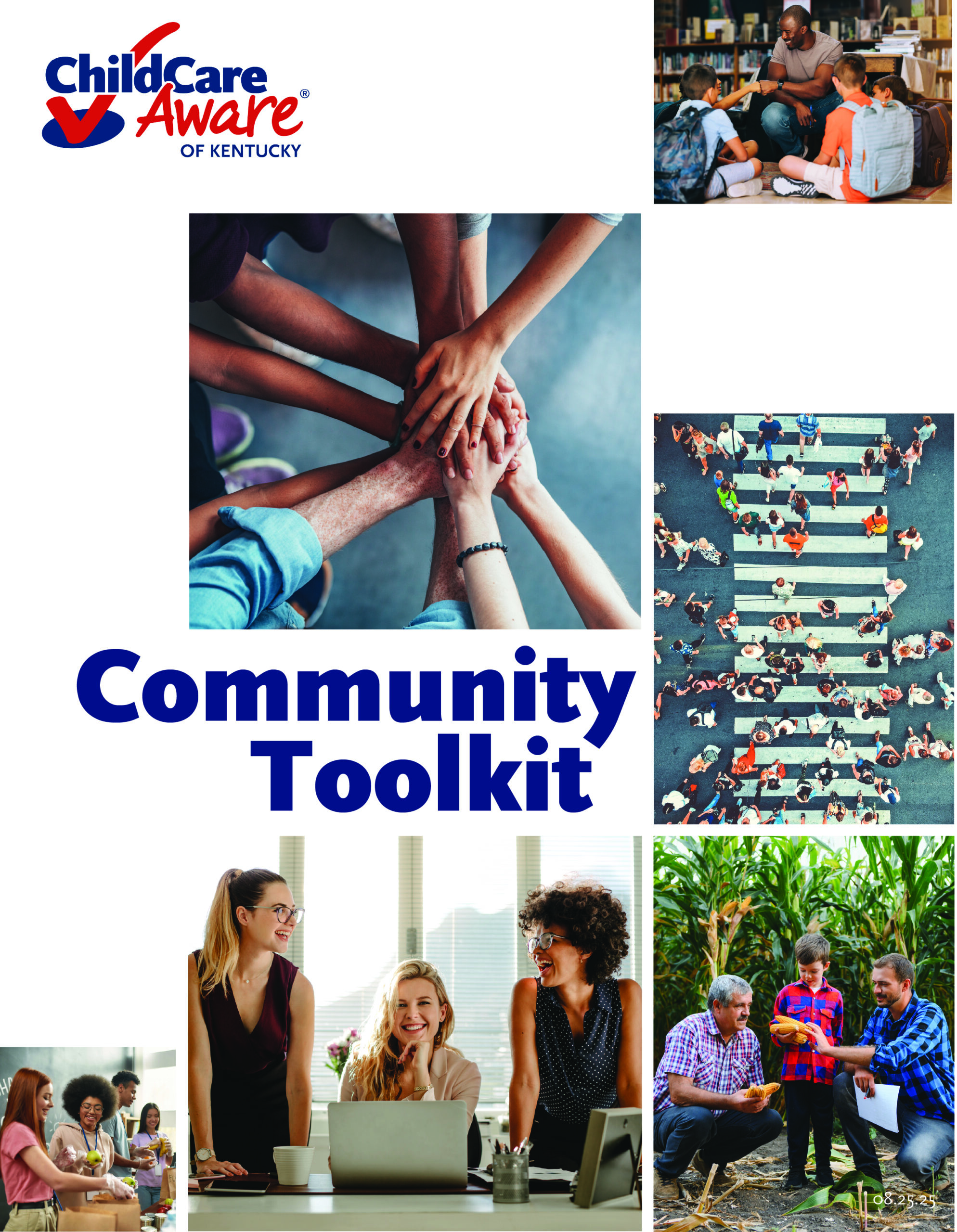 Cover sheet for the Community Toolkit featuring a variety of photos that show people in the community. 