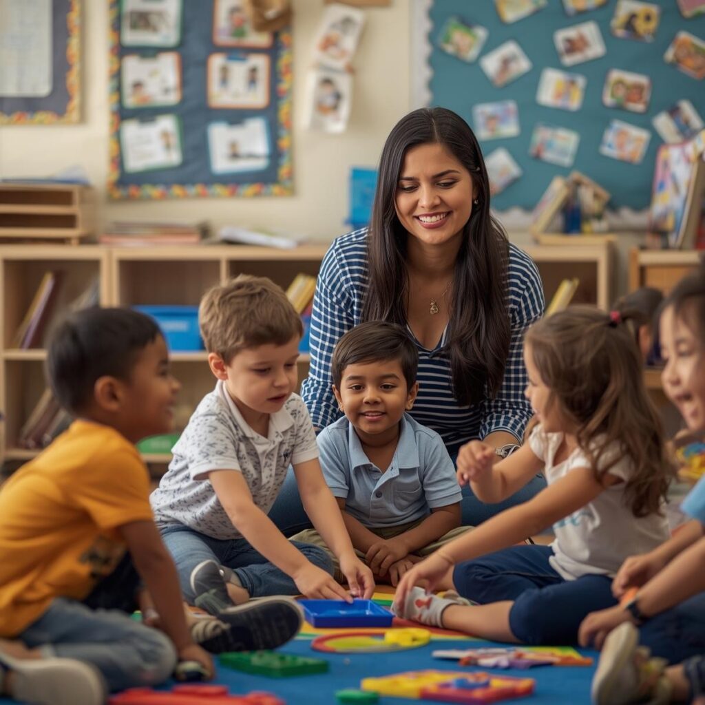 A woman with long dark hair sits on the floor in a daycare classroom with several children while playing with toys on the floor.